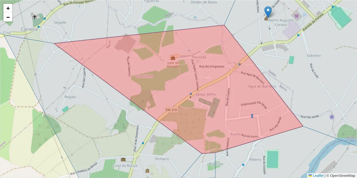 Mapa detalhado do código postal 4765-043 com limites, códigos postais vizinhos e agências dos correios