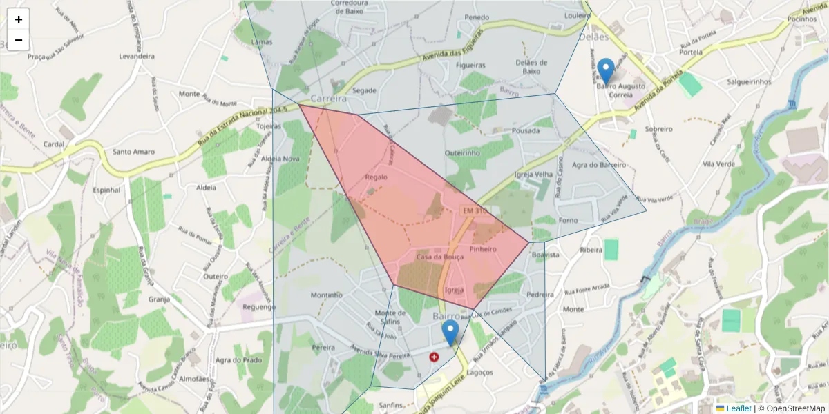 Mapa detalhado do código postal 4765-053 com limites, códigos postais vizinhos e agências dos correios