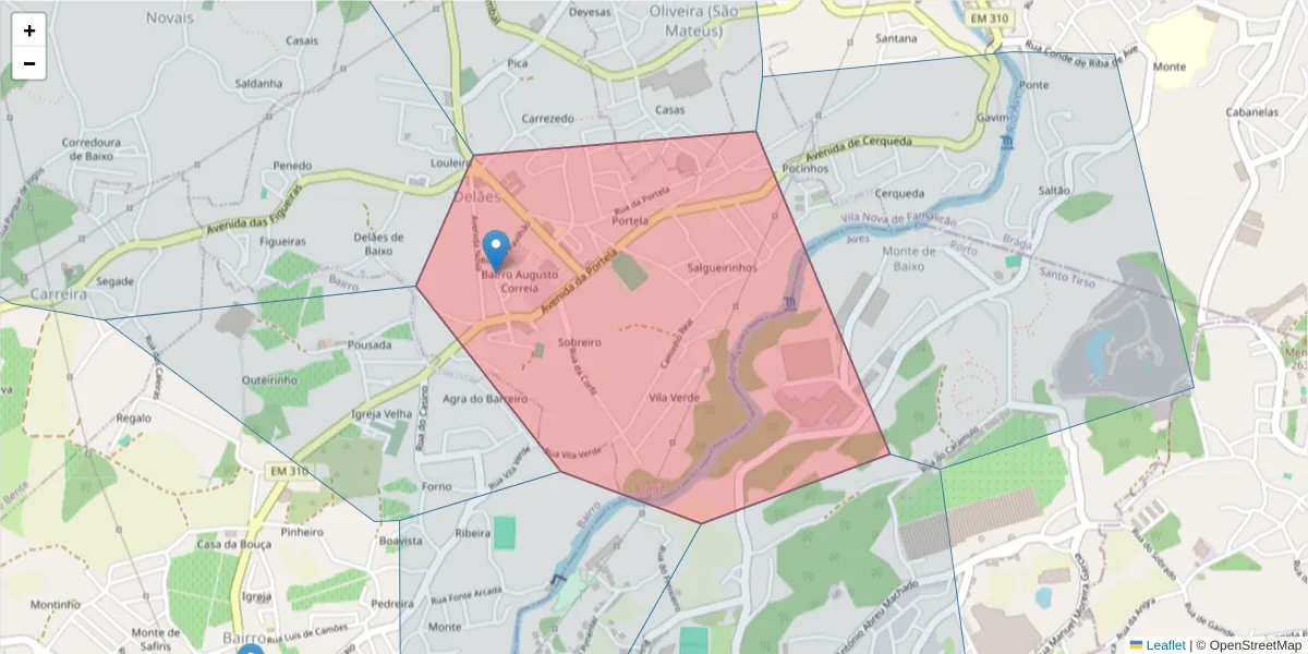Mapa detalhado do código postal 4765-096 com limites, códigos postais vizinhos e agências dos correios