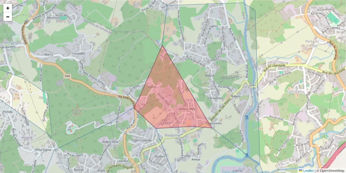 Mapa detalhado do código postal 4765-151 com limites, códigos postais vizinhos e agências dos correios