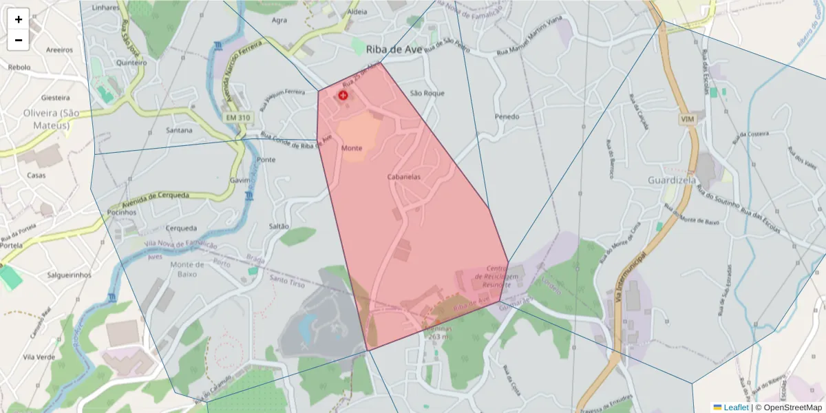 Mapa detalhado do código postal 4765-265 com limites, códigos postais vizinhos e agências dos correios