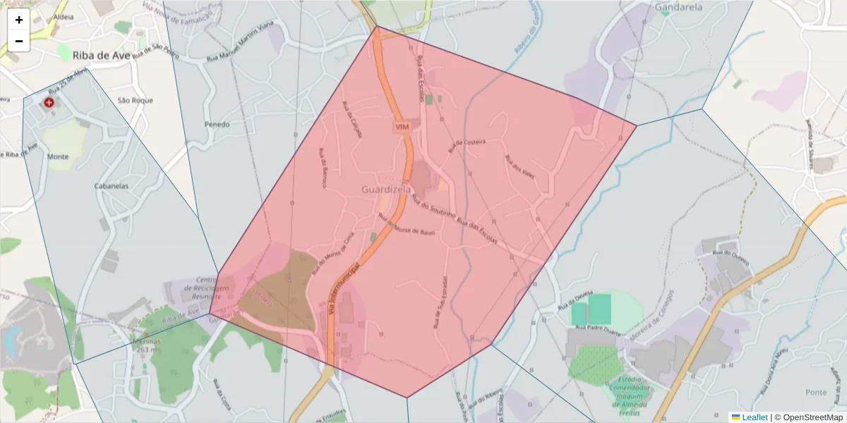 Mapa detalhado do código postal 4765-401 com limites, códigos postais vizinhos e agências dos correios