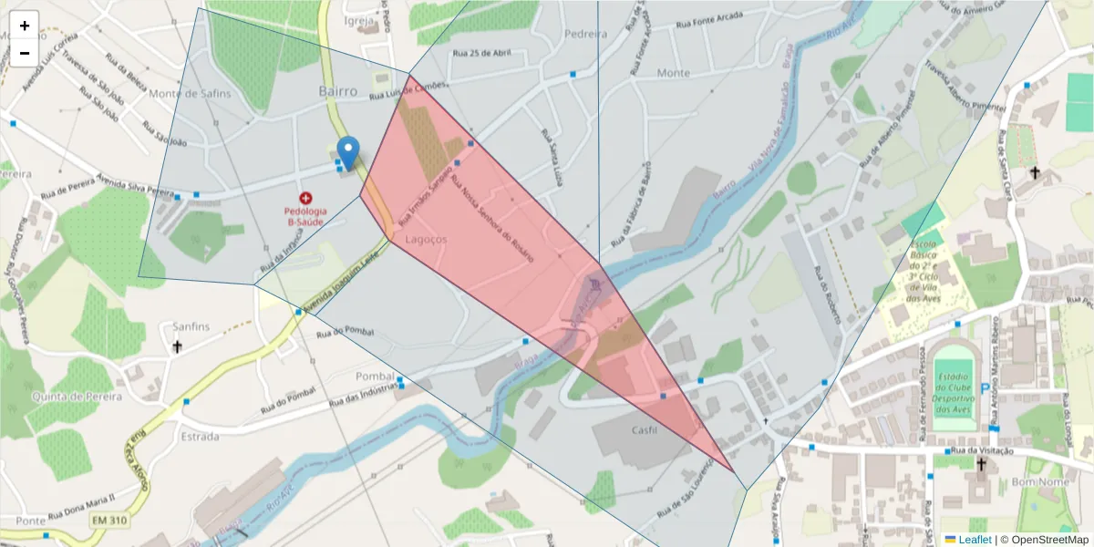 Mapa detalhado do código postal 4765-689 com limites, códigos postais vizinhos e agências dos correios