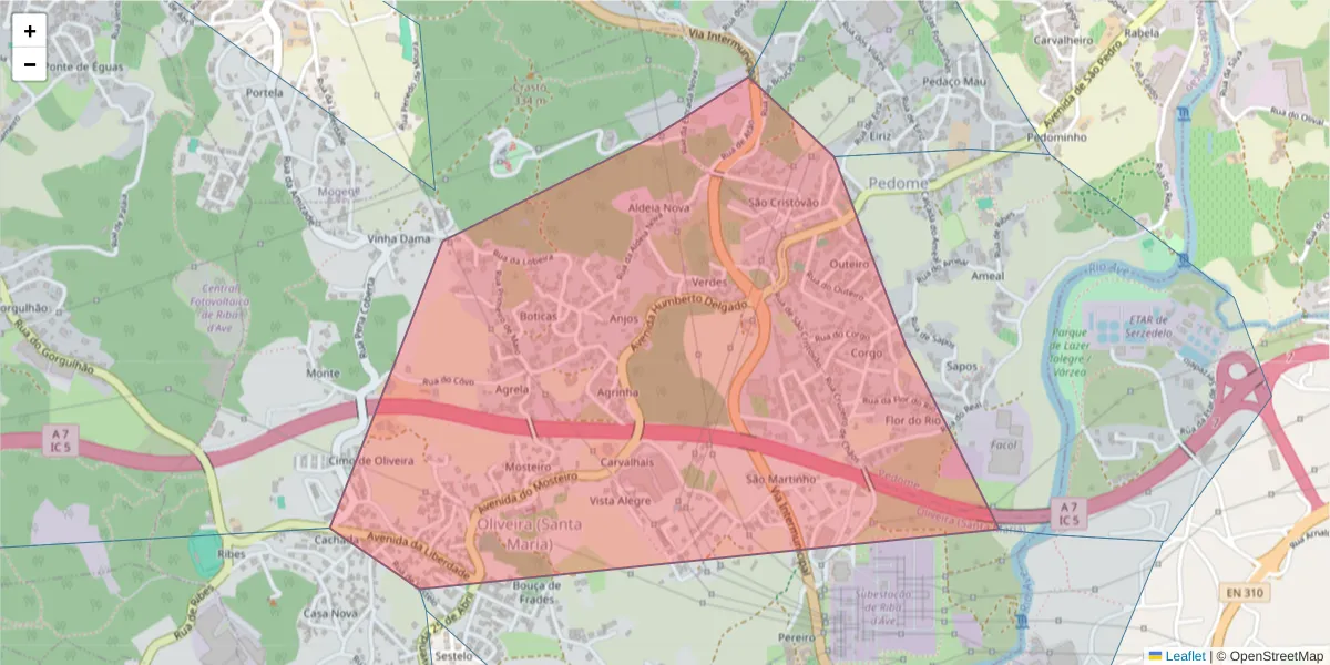 Mapa detalhado do código postal 4765-840 com limites, códigos postais vizinhos e agências dos correios