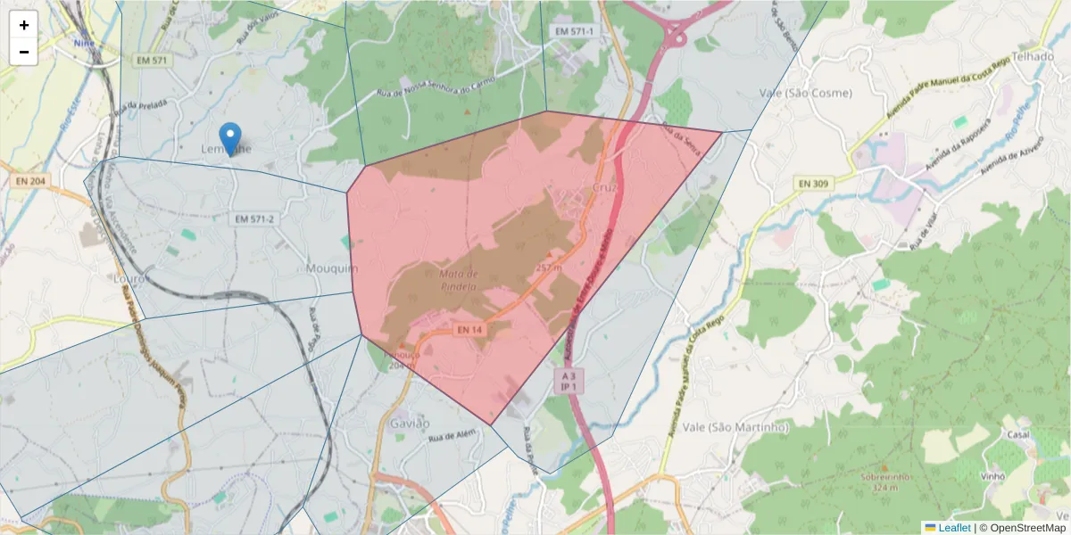 Mapa detalhado do código postal 4770-189 com limites, códigos postais vizinhos e agências dos correios