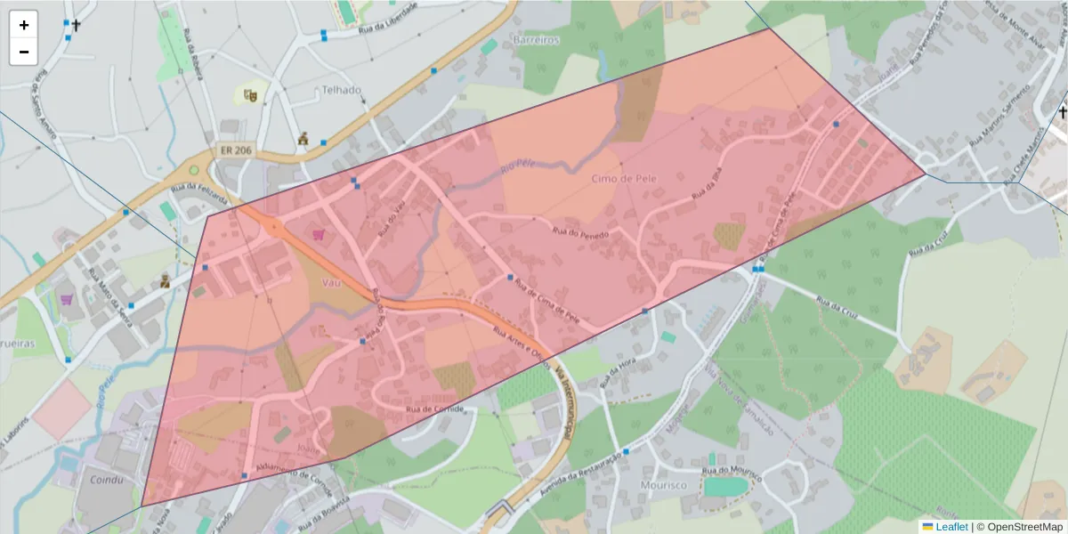 Mapa detalhado do código postal 4770-219 com limites, códigos postais vizinhos e agências dos correios