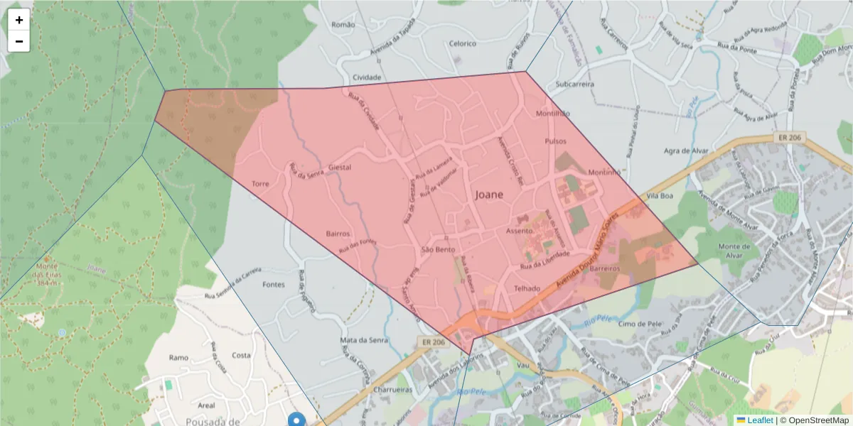 Mapa detalhado do código postal 4770-258 Joane com limites, códigos postais vizinhos e agências dos correios