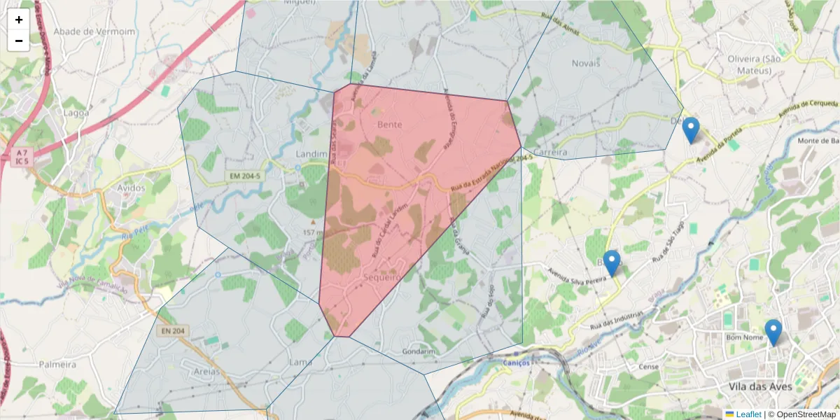 Mapa detalhado do código postal 4770-309 com limites, códigos postais vizinhos e agências dos correios