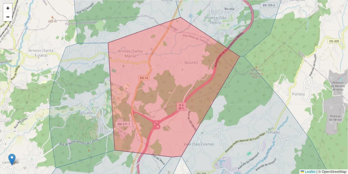 Mapa detalhado do código postal 4770-539 com limites, códigos postais vizinhos e agências dos correios