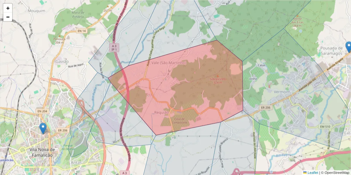 Mapa detalhado do código postal 4770-611 com limites, códigos postais vizinhos e agências dos correios