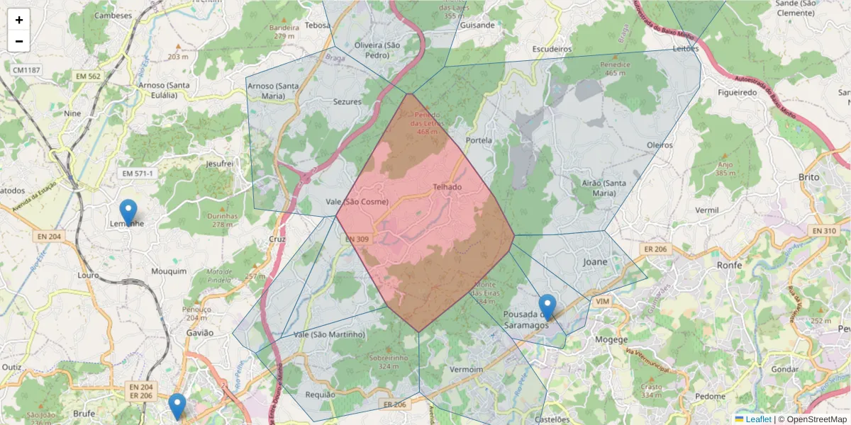 Mapa detalhado do código postal 4770-702 com limites, códigos postais vizinhos e agências dos correios