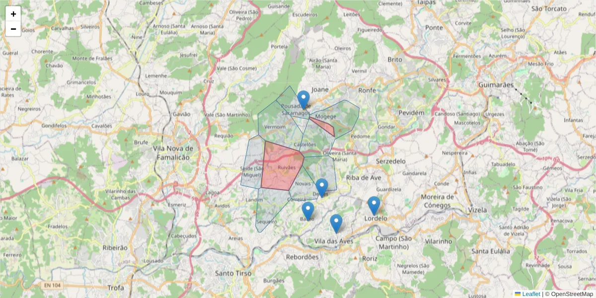 Mapa detalhado do código postal 4770 com limites, códigos postais vizinhos e agências dos correios