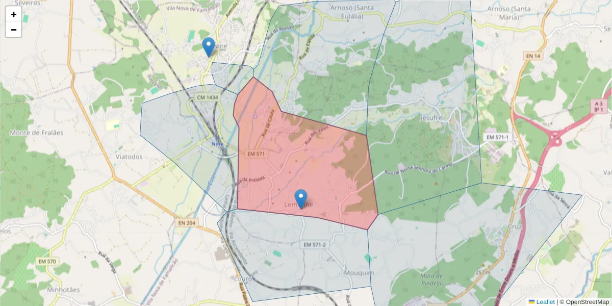 Mapa detalhado do código postal 4775-444 com limites, códigos postais vizinhos e agências dos correios