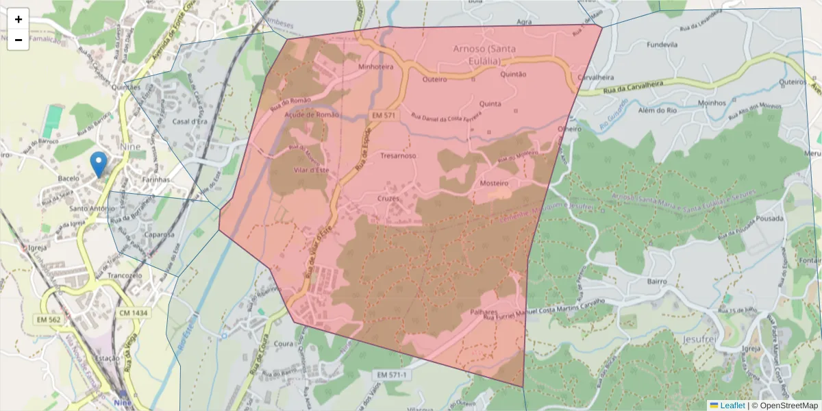 Mapa detalhado do código postal 4775-460 com limites, códigos postais vizinhos e agências dos correios