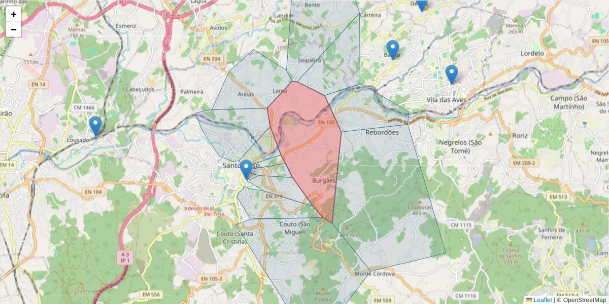 Mapa detalhado do código postal 4780-099 com limites, códigos postais vizinhos e agências dos correios
