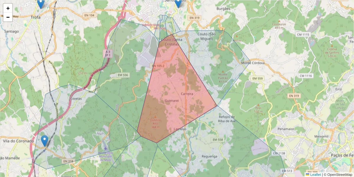 Mapa detalhado do código postal 4780-213 com limites, códigos postais vizinhos e agências dos correios