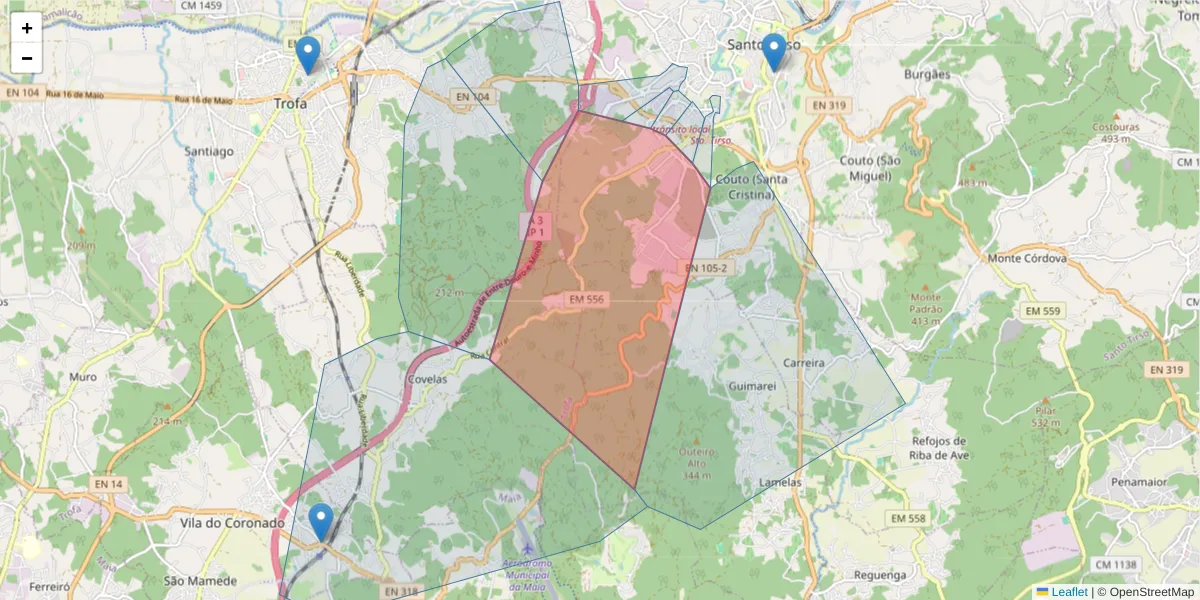 Mapa detalhado do código postal 4780-222 com limites, códigos postais vizinhos e agências dos correios