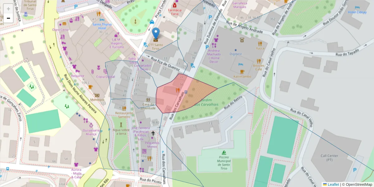 Mapa detalhado do código postal 4780-415 com limites, códigos postais vizinhos e agências dos correios