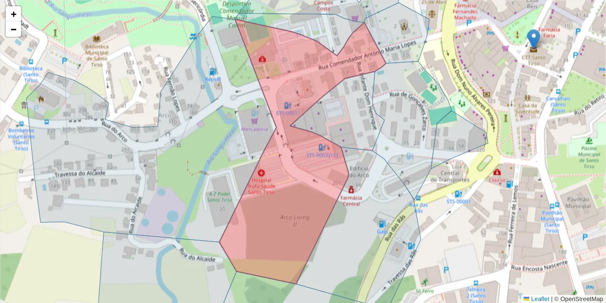Mapa detalhado do código postal 4780-424 com limites, códigos postais vizinhos e agências dos correios