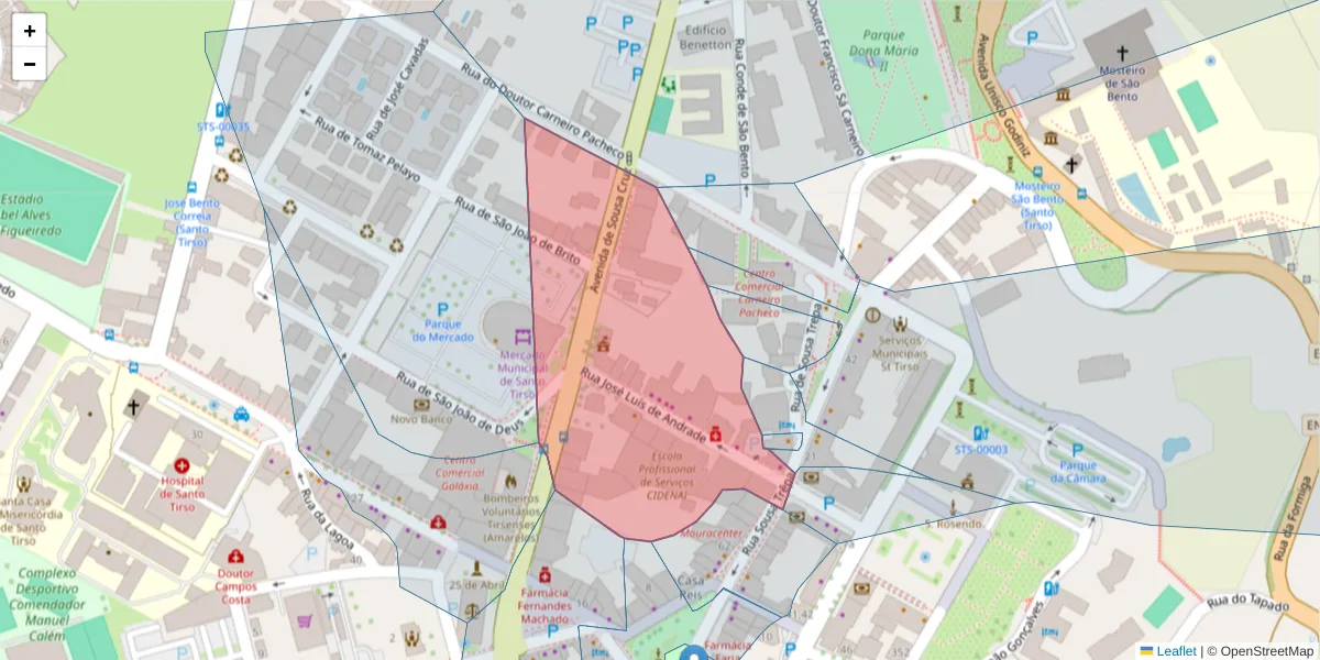 Mapa detalhado do código postal 4780-487 com limites, códigos postais vizinhos e agências dos correios