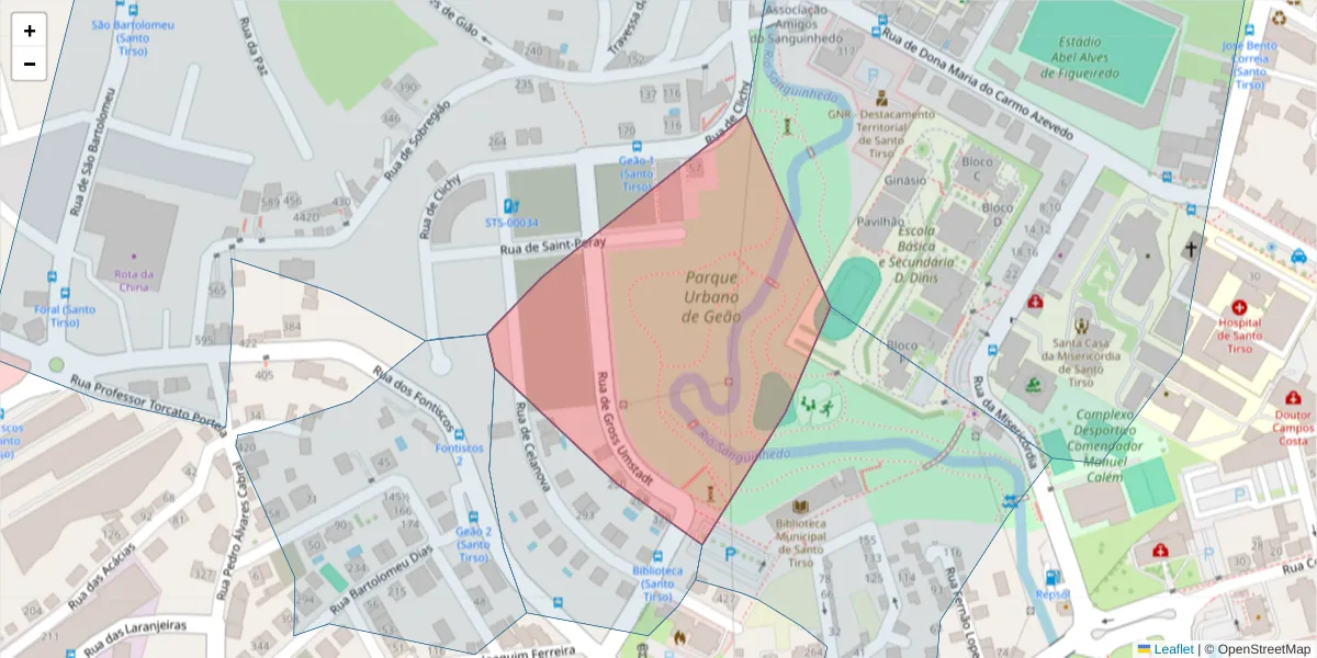 Mapa detalhado do código postal 4780-733 com limites, códigos postais vizinhos e agências dos correios