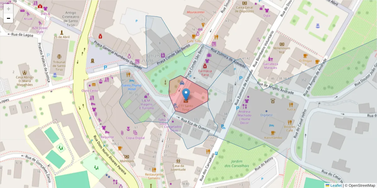 Mapa detalhado do código postal 4780-999 com limites, códigos postais vizinhos e agências dos correios