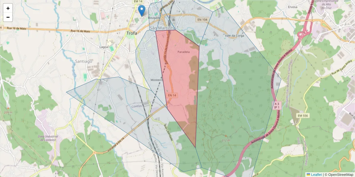 Mapa detalhado do código postal 4785-100 com limites, códigos postais vizinhos e agências dos correios