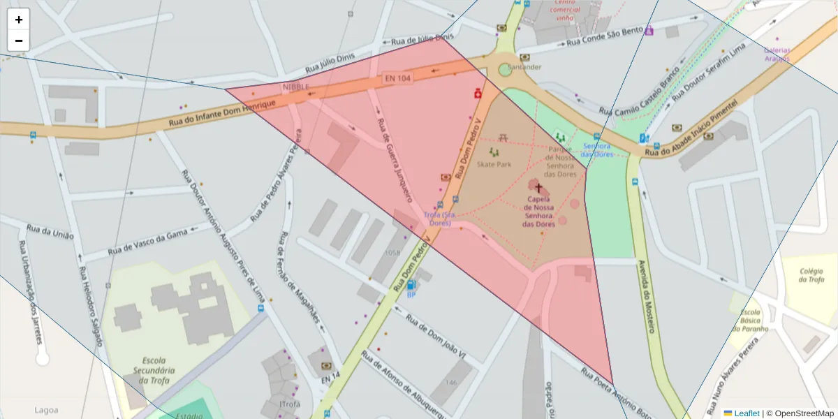 Mapa detalhado do código postal 4785-308 com limites, códigos postais vizinhos e agências dos correios