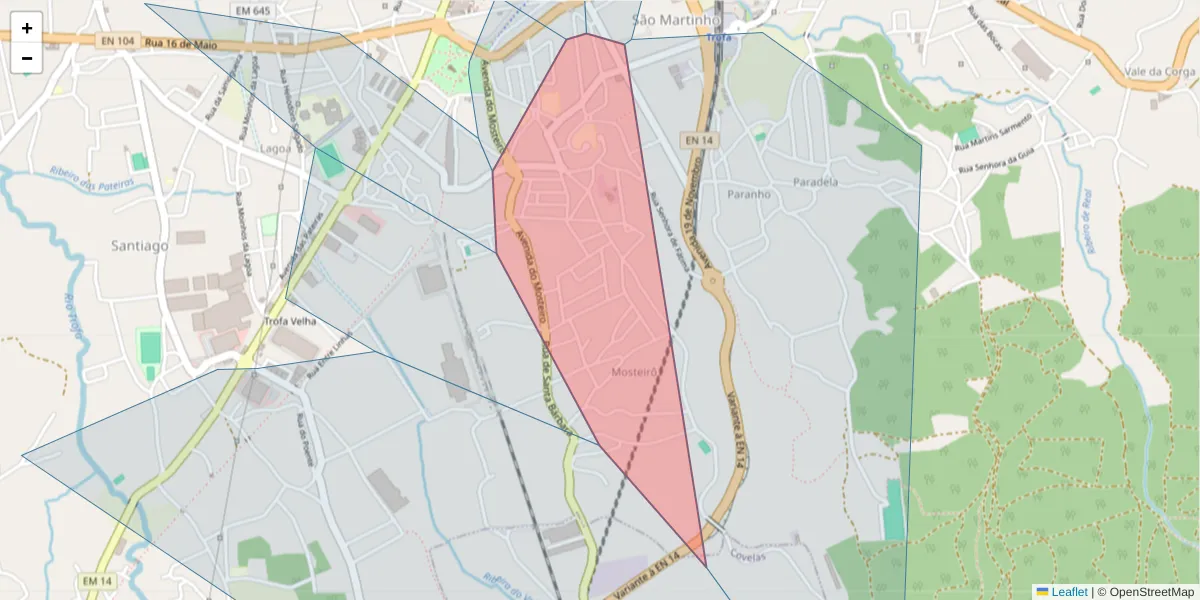 Mapa detalhado do código postal 4785-326 com limites, códigos postais vizinhos e agências dos correios