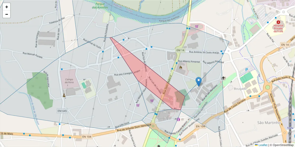 Mapa detalhado do código postal 4785-331 com limites, códigos postais vizinhos e agências dos correios