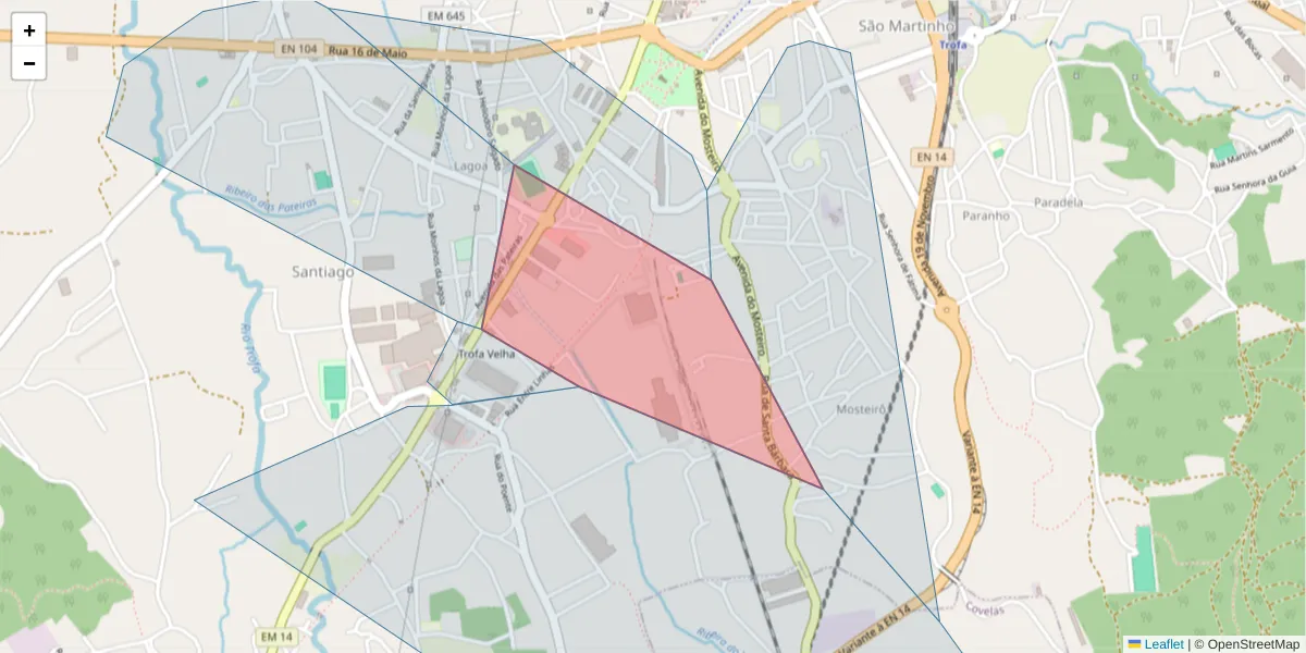 Mapa detalhado do código postal 4785-625 com limites, códigos postais vizinhos e agências dos correios