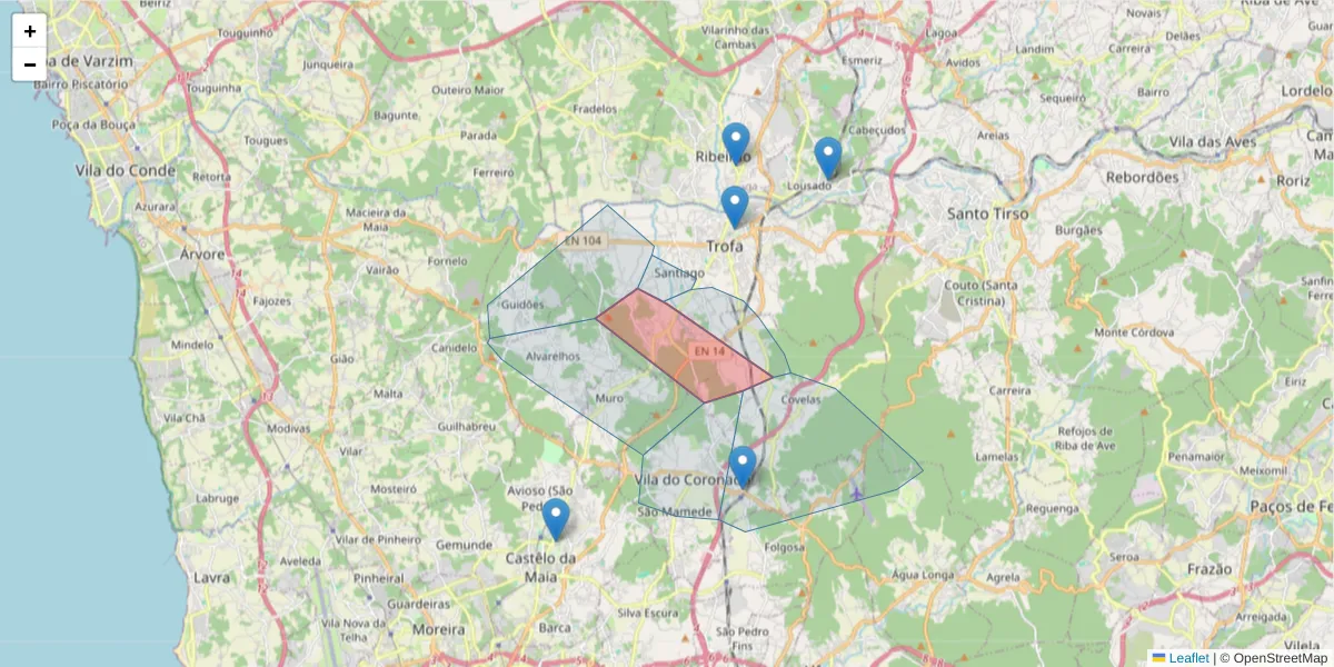 Mapa detalhado do código postal 4785-688 com limites, códigos postais vizinhos e agências dos correios