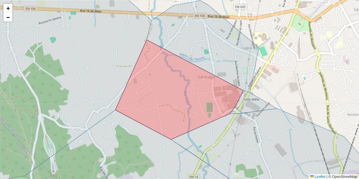 Mapa detalhado do código postal 4785-699 com limites, códigos postais vizinhos e agências dos correios