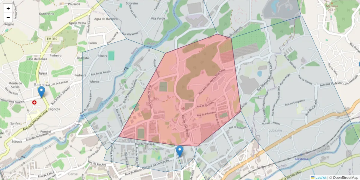 Mapa detalhado do código postal 4795-001 com limites, códigos postais vizinhos e agências dos correios