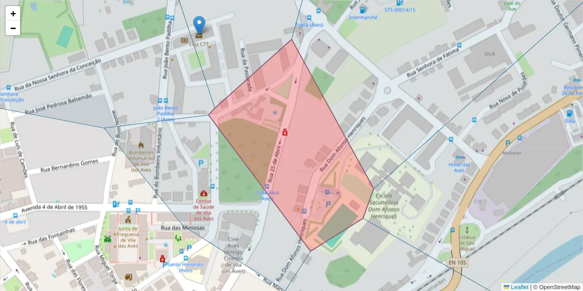 Mapa detalhado do código postal 4795-023 com limites, códigos postais vizinhos e agências dos correios