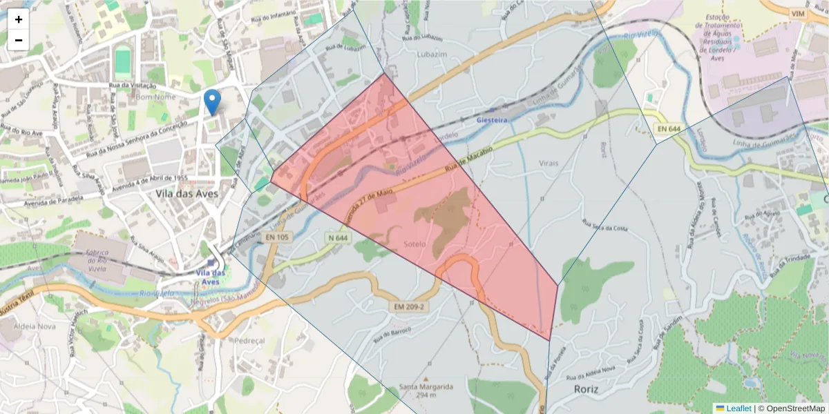 Mapa detalhado do código postal 4795-053 com limites, códigos postais vizinhos e agências dos correios