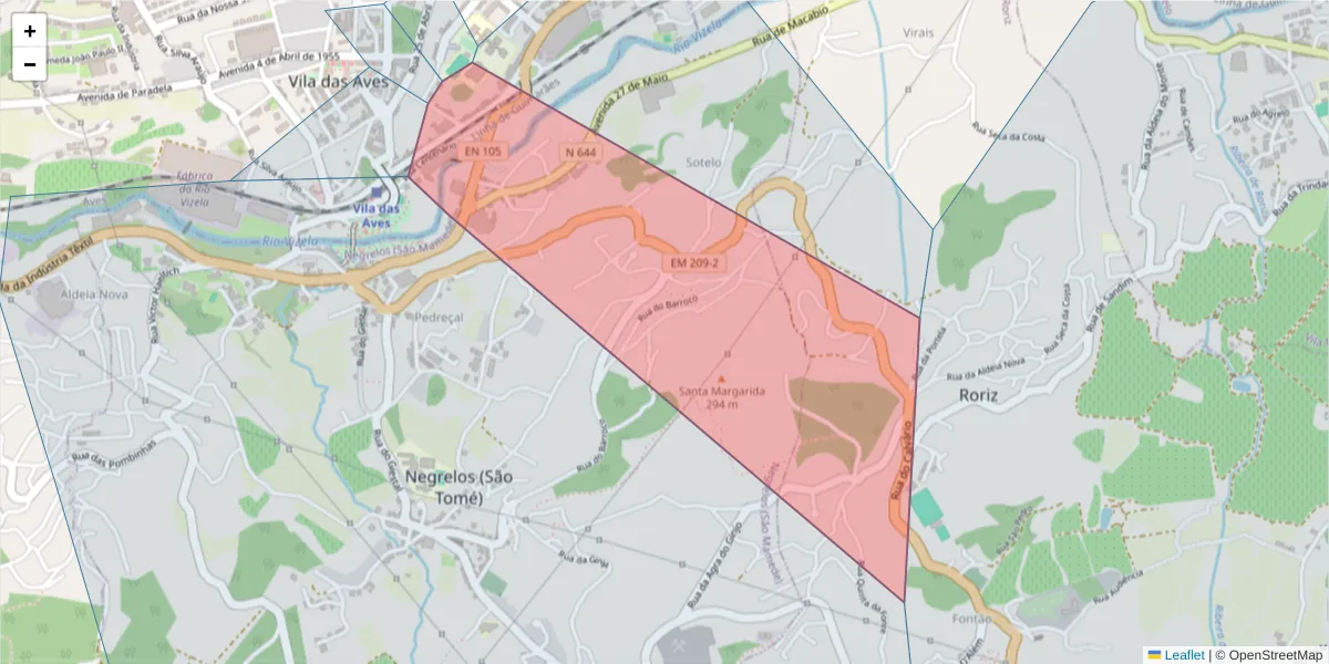 Mapa detalhado do código postal 4795-100 com limites, códigos postais vizinhos e agências dos correios