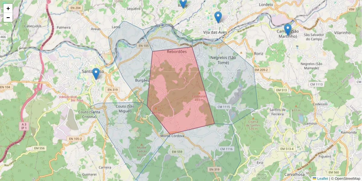 Mapa detalhado do código postal 4795-232 com limites, códigos postais vizinhos e agências dos correios