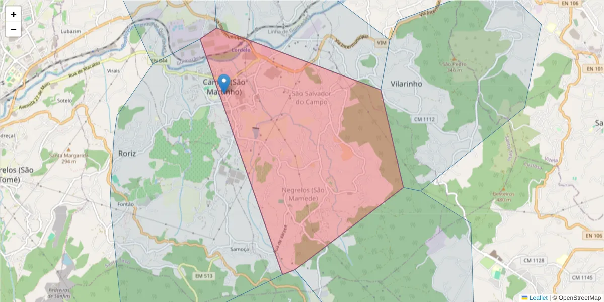 Mapa detalhado do código postal 4795-445 com limites, códigos postais vizinhos e agências dos correios