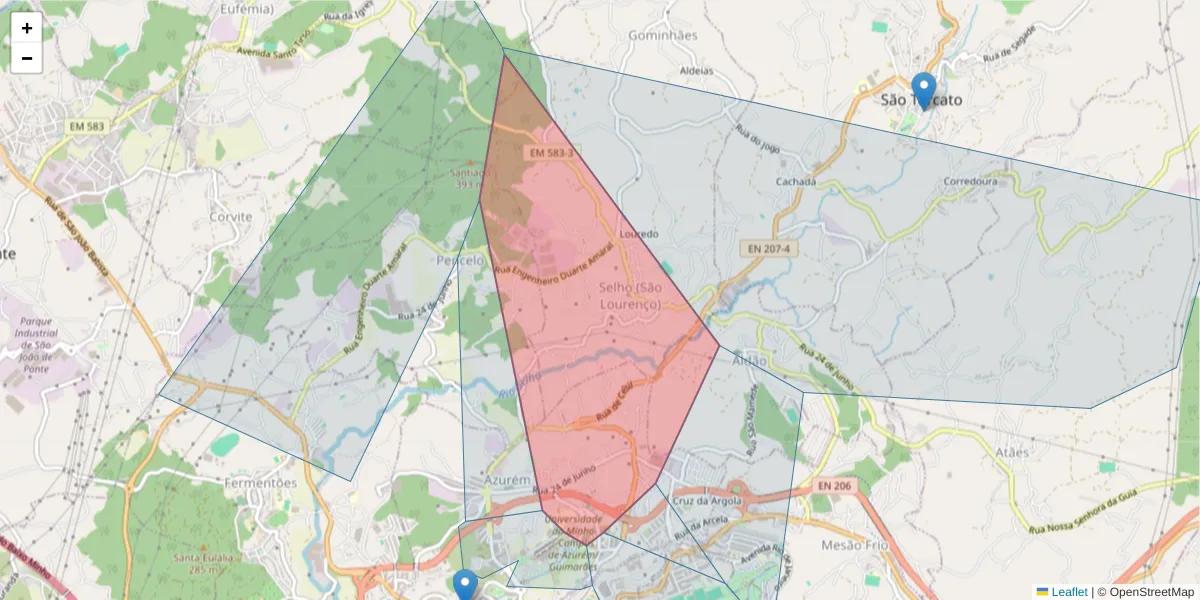 Mapa detalhado do código postal 4800-072 com limites, códigos postais vizinhos e agências dos correios