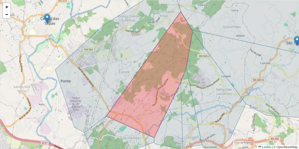 Mapa detalhado do código postal 4800-098 com limites, códigos postais vizinhos e agências dos correios
