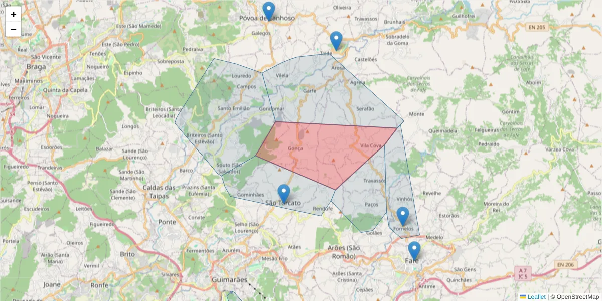 Mapa detalhado do código postal 4800-192 com limites, códigos postais vizinhos e agências dos correios