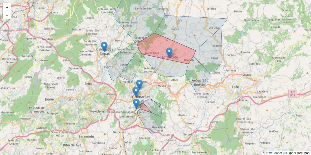 Mapa detalhado do código postal 4800 com limites, códigos postais vizinhos e agências dos correios