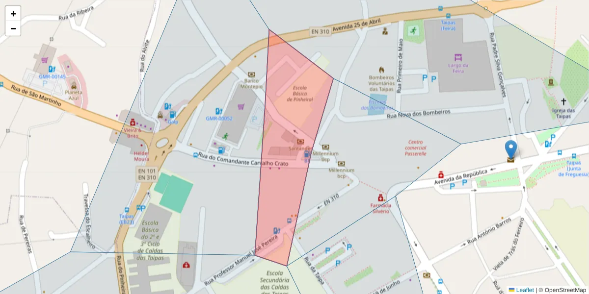 Mapa detalhado do código postal 4805-091 com limites, códigos postais vizinhos e agências dos correios