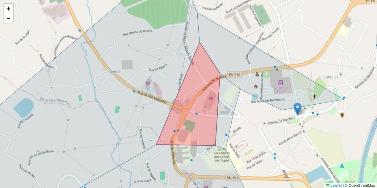 Mapa detalhado do código postal 4805-104 com limites, códigos postais vizinhos e agências dos correios