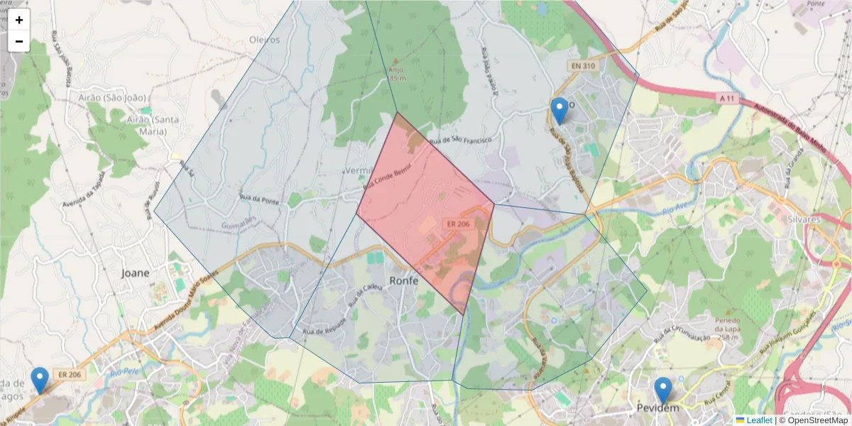Mapa detalhado do código postal 4805-437 Ronfe (Guimarães) com limites, códigos postais vizinhos e agências dos correios