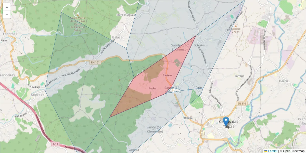 Mapa detalhado do código postal 4805 - 537 com limites, códigos postais vizinhos e agências dos correios