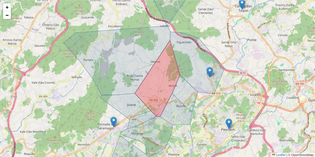 Mapa detalhado do código postal 4805-546 com limites, códigos postais vizinhos e agências dos correios