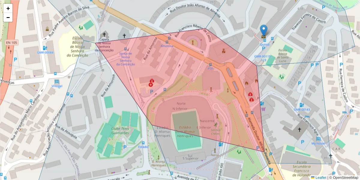 Mapa detalhado do código postal 4810-000 com limites, códigos postais vizinhos e agências dos correios