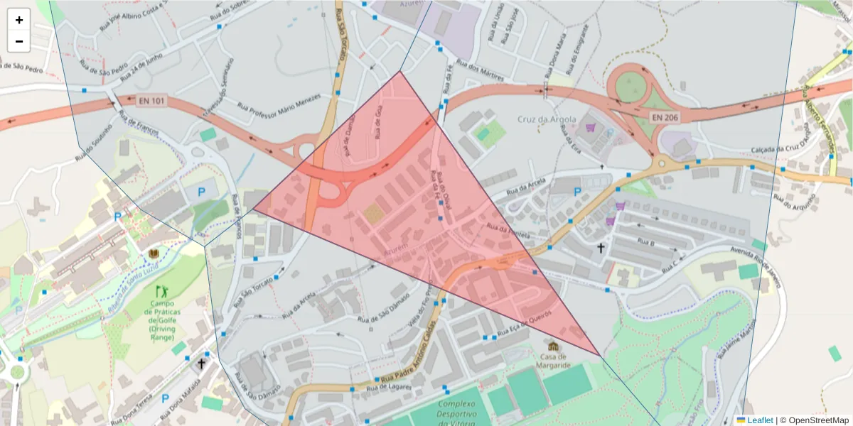 Mapa detalhado do código postal 4810-233 com limites, códigos postais vizinhos e agências dos correios